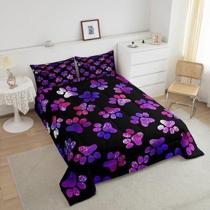 Manfei Dog Lover Comforter Set Full Size Watercolor Dog Paw Print Duvet Insert Animal Theme Bedding Set 3pcs for Kids Boys Girls Room Decor Luxury Polyester Black Quilted Duvet with 2 Pillowcases