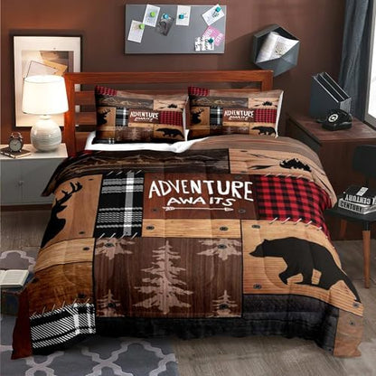 LUVIVIHOME 3PCS Cabin Comforter Set King Size, Rustic Farmhouse Bedding, Black Bear Deer Elk Moose Forest Animal Wildlife Hunting Country Brown Patchwork White Red Plaid Lodge Quilt, 2 Pillow Shams