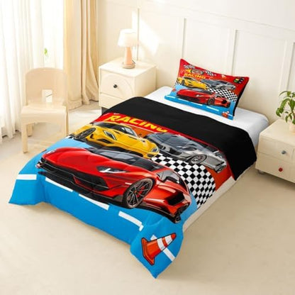 Feelyou Boys Race Car Bedding Set Soft for Boys Girls, Speed Sports Car Comforter Set Toddler Size Racing Duvet Quilt Microfiber Extreme Sports Bedroom Decor Automobile 2 Pcs with 1 Pillow Cases