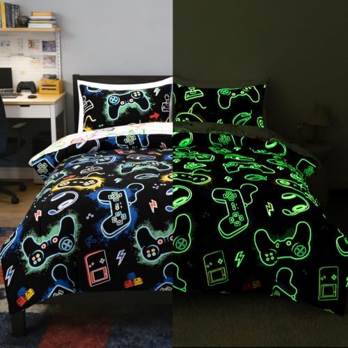 Holawakaka Kid Teen Glow in The Dark Gamer Full Comforter Set 5-Pieces