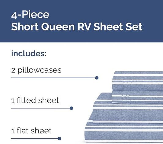 Short Queen Size 4 Piece Sheet Set - RV Short Queen, Soft, Breathable & Cooling Bed Sheets Set w/ Deep Pockets - Hotel Luxury Bedding for Women, Men, Kids, Teens, Boys & Girls, Oeko-Tex - Blue Stripes