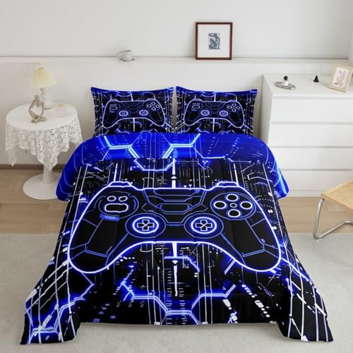 Feelyou Kids Blue Gamer Bedding Set Toddler Size, Honeycomb Gaming Comforter Set Boys Girls Modern Game Console Comforter Gamepad Teens Duvet Set Bedroom Decor Bed Set 2Pcs