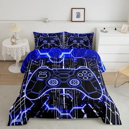 Feelyou Kids Blue Gamer Bedding Set Toddler Size, Honeycomb Gaming Comforter Set Boys Girls Modern Game Console Comforter Gamepad Teens Duvet Set Bedroom Decor Bed Set 2Pcs