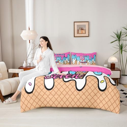 Erosebridal Six Seven Girls Twin Comforter Set 7 Piece Funny Fashion Number 67 Bedding Set for Kids Teen Women,Pink Blue Ice Cream Drip Bed in A Bag Girly Trendy Bed Sets for Birthday Gifts