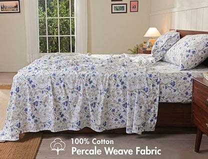 RUVANTI 100% Cotton Percale Sheets Queen Size, Sweet Pea (Pack of 2)