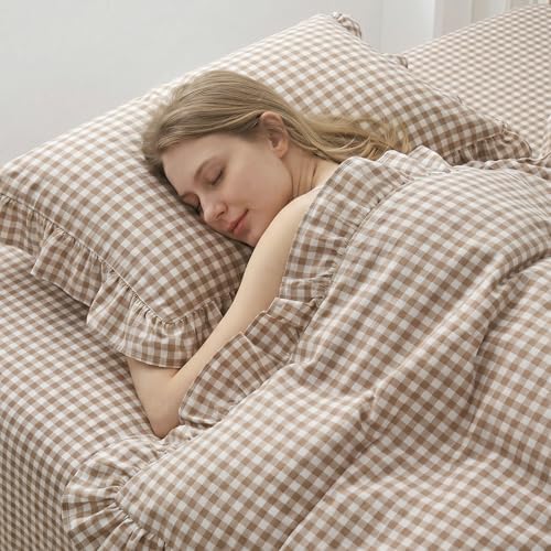 Nayoroom Brown Ruffle Gingham Comforter Set Queen Plaid Checkered Bedding