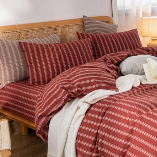 BESTOUCH Striped Cotton Duvet Cover Set Linen Feel Twin