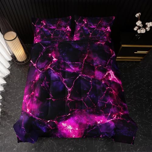 Nttopship Pink Comforter Set Twin Size，Pink Marble Bedding Set 3 Pcs Bedding for Adults, Marble Room Decor with Comforter and 2 Pillowcases Soft and Lightweight B-Side Black