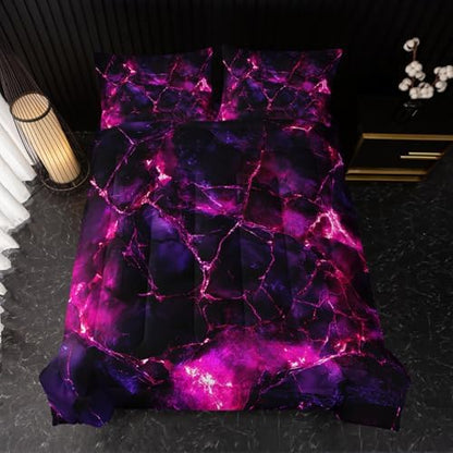 Nttopship Pink Comforter Set King Size，Pink Marble Bedding Set 3 Pcs Bedding for Adults, Marble Room Decor with Comforter and 2 Pillowcases Soft and Lightweight B-Side Black