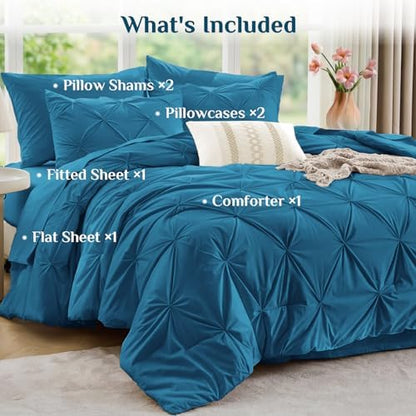 JOLLYVOGUE King Size Comforter Set 7 Pieces - Bed in a Bag King for All Season, Pintuck Bedding Comforter Sets with Comforter, Flat Sheet, Fitted Sheet and Pillowcases & Shams, Teal