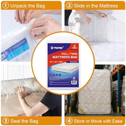 2 PK 4Mil Heavy Duty Twin XL/Twin/Full Mattress Bags for Moving,Clear Plastic Mattress Bags for Storage, Twin/Full Mattress Cover for Moving