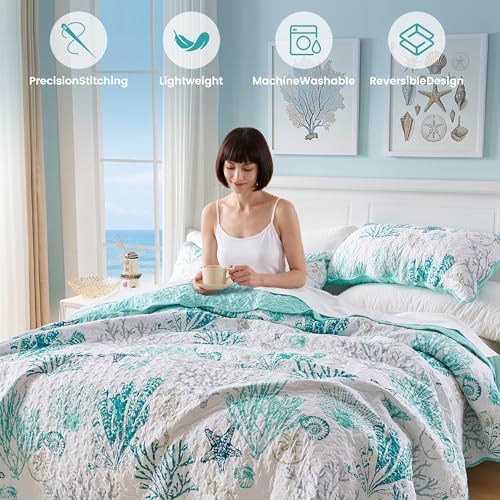 Qucover Coastal Quilt King Size 98"x106", Ocean Beach Themed Bedding with Seashell Coral Pattern, Soft Lightweight Reversible Microfiber Bedspread, Nautical Coverlet for Summer, Teal Green