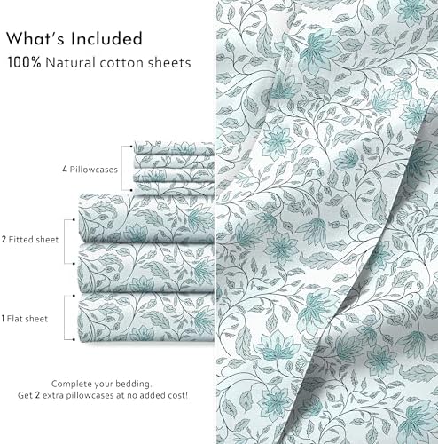RUVANTI 100% Cotton Split King Sheets, Percale Sheets Set, Wildflower Nest