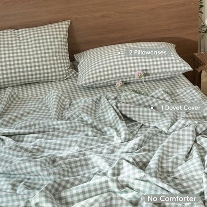 MooMee Gingham Duvet Cover Set 100% Washed Cotton Linen Like