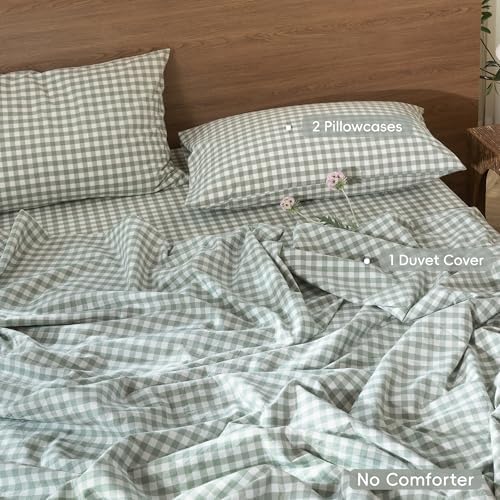 MooMee Gingham Duvet Cover Set 100% Washed Cotton Linen Like