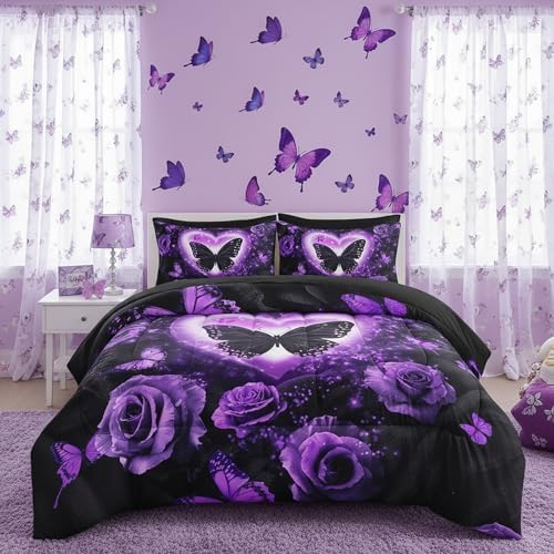 QOOMO Purple Butterfly 7 Pieces Comforter Set King Size,Rose Bedding Set