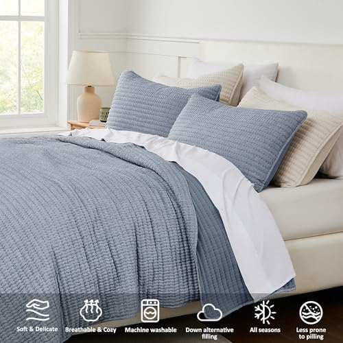 WDCOZY Chambray Blue King Size Pick Stitch Quilt Set 3 Pieces 104x90 inches