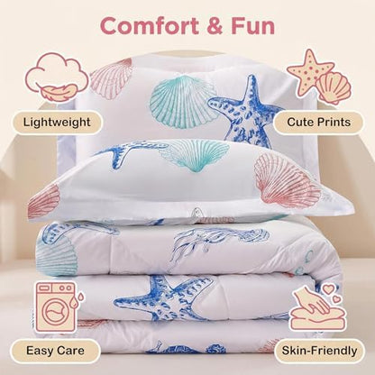 JSD Beach Theme Kids Queen Comforter Set, Jellyfish Starfish Shell Pattern