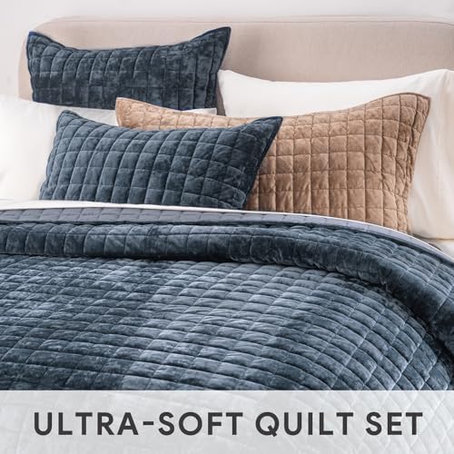 RECYCO Channel Box Stitch Velvet Quilt Set, Twin/Twin XL Size, Stormy Blue