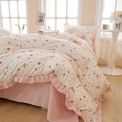 Kawaii Pink Strawberry Duvet Cover Twin Cotton Girls Lace Duvet Cover Cute Ruffle Bedding Set Kawaii Strawberry Ruffle Comforter Cover Romantic Princess Bedding Cover with 2 Pillowcases