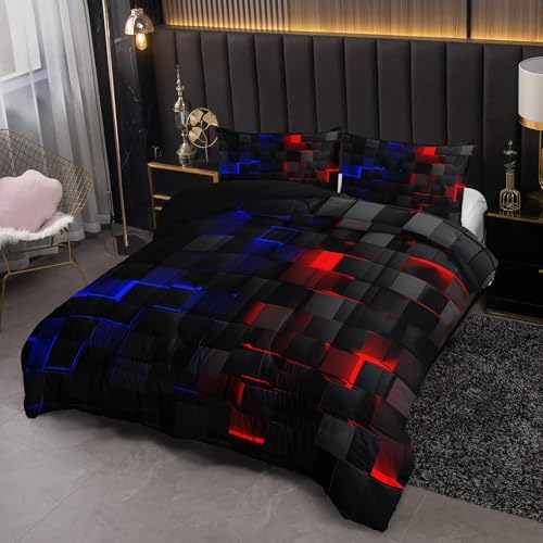 Nttopship Neon Red and Blue Comforter Set Twin Geometric Kids Bedding Set,3 PCS Geometry Honeycomb Bed Set Modern Quilt Set 1 Comforter 2 Pillow Cases Cool Room Decor All Season B-Side Black