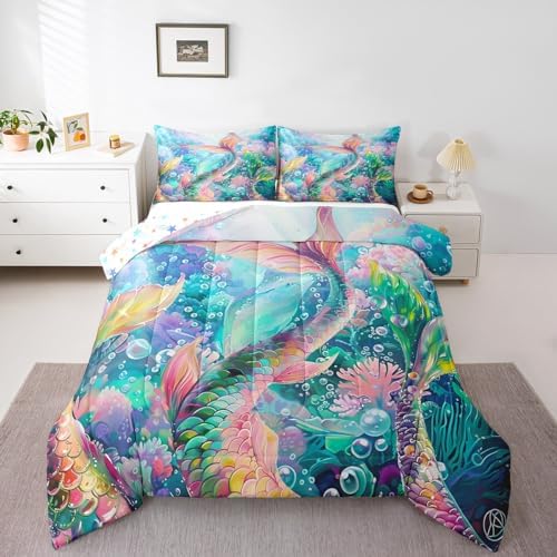 Mermaid Comforter Set King Size 3 Piece Colorful Mermaid Tail Pattern Bedding Set for Girls Kids Home Decor,Ocean Animal Reversible All Season Quilt Underwater World Theme Duvet with 2 Pillowcases
