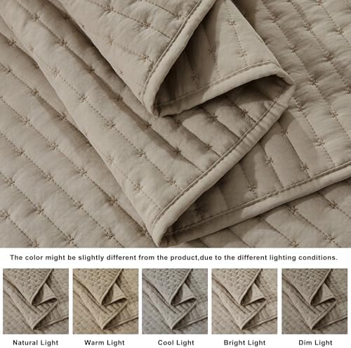 WDCOZY Dark Beige Cross Stitch Twin Size Quilt Set, Striped Lightweight Soft Bedspread, Tan Channel Farmhouse Rustic Coverlet, All Season Country Bedding, Thin Comforter