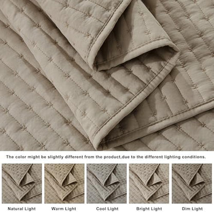 WDCOZY Dark Beige Cross Stitch Queen Size Quilt Set, Striped Lightweight Soft Bedspread, Tan Channel Farmhouse Rustic Coverlet, All Season Country Bedding, Thin Comforter