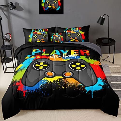 BDUCOK Gamer Comforter Set Gaming Twin Size,Video Game Controller Comforter for Boys Kids Adult 3D Gamepad Microfiber Bedding Sets 5 Pieces Bed in A Bag Sets30019,Twin
