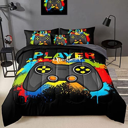 BDUCOK Gamer Comforter Set Gaming Twin Size,Video Game Controller Comforter for Boys Kids Adult 3D Gamepad Microfiber Bedding Sets 5 Pieces Bed in A Bag Sets30019,Twin