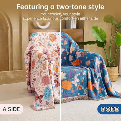 VANJOROY Boho Throw Blanket, 100% Organic Cotton Breathable Ultra Soft 50" x 60" Bed Quilt Throw - All Season Floral Rustic Farmhouse Decor Luxury Reversible Blanket for Sofa Couch Chair and Gift