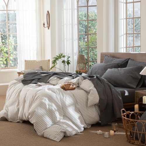 MooMee Sheet Set 100% Washed Cotton Linen-Like Extra Deep Pocket Queen