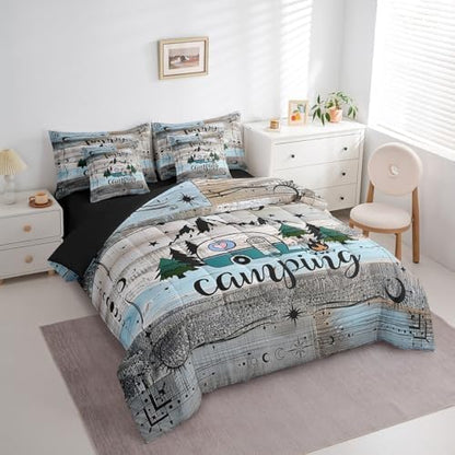 Erosebridal Camper Bedding Set Queen Happy Camping Comforter Set 7 Piece Rv Bunk Accessories Bed in A Bag for Travel Trailers,Boho Moon Stars Decor for Camper Car,Rustic Farmhouse Adventure Bed Set