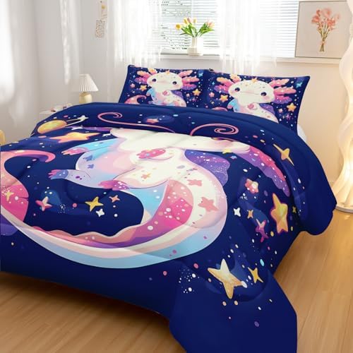 Nttopship Cartoon Axolotl Comforter Bedding Set with 2 Pillowcase King Size Pink Salamander Comforter Set for Kids Boys Girls Bedroom Decor