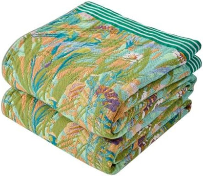 VANJOROY Boho Throw Blanket, 100% Organic Cotton Breathable Skin-Friendly Ultra Soft 50" x 60" Bed Quilt Green Leaf Throw - Floral Luxury Reversible Blanket for Sofa Couch Chair and Gift,
