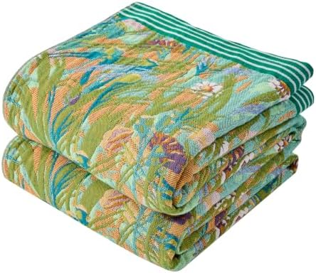 VANJOROY King Boho Throw Blanket, 100% Organic Cotton Breathable Skin-Friendly Ultra Soft 91" x 98" Bed Quilt Green Leaf Throw - Floral Rustic Luxury Reversible Blanket for Sofa Couch Chair and Gift