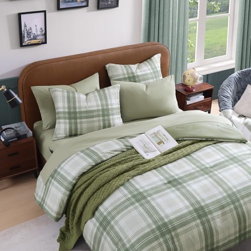 Plaid Queen Comforter Set Green 7 Pieces Bed in a Bag for Boys Girls Teen
