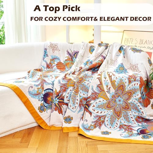 VANJOROY Boho Throw Blanket, 100% Organic Cotton Breathable Skin-Friendly Ultra Soft Bed Quilt Throw - All Season Floral Bird Farmhouse Décor Luxury Blanket for Sofa Couch Chair and Gift. 60" x 80"