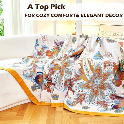 VANJOROY Boho Throw Blanket, 100% Organic Cotton Breathable Skin-Friendly Ultra Soft Bed Quilt Throw - All Season Floral Bird Farmhouse Décor Luxury Blanket for Sofa Couch Chair and Gift. 91" x 98"