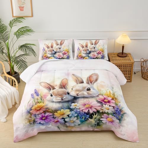 Cute Rabbit Full Comforter Set for Kids,Kawaii Bunny Quilt Set for Boys Girls,Rural Farm Animals Fluffy Rabbit Flowers Garden Bed Set,Pink Watercolor Bedding Set for Bedroom Decor