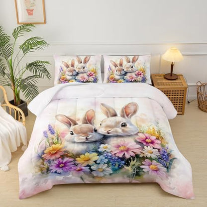 Cute Rabbit Queen Comforter Set for Kids,Kawaii Bunny Quilt Set for Boys Girls,Rural Farm Animals Fluffy Rabbit Flowers Garden Bed Set,Pink Watercolor Bedding Set for Bedroom Decor