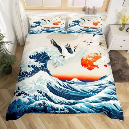 Feelyou Japanese Wave Bedding Set King Size Kids Crane Cherry Blossoms Comforter Cover Set for Boys Girls Teens Red Sun Hokusai Pattern Home Decor Duvet Cover Japanese Style Bedspread Cover