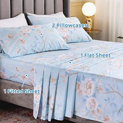QSH 100% Egyptian Cotton Sheets Full Size Set, Blue Bird Plant Pattern Botanical Luxury Cotton Printed Bedding Floral Full Bed Sheets Extra Soft and Breathable 4pcs Deep Pockets Sheets