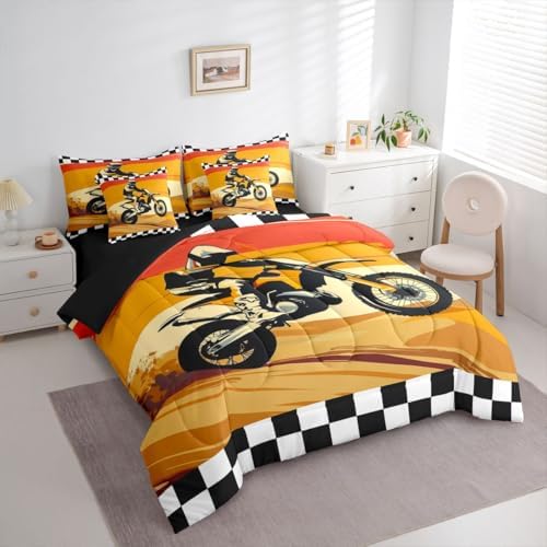 Feelyou Orange Motocross Rider Comforter Set Full 7 Pieces Desert Dirt Bike Bedding Set Sunset Track Design Bed in a Bag Checkered Flag Room Decor Off-Road Motorcycle Quilted Breathable Soft