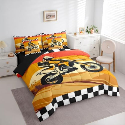 Feelyou Orange Motocross Rider Comforter Set Full 7 Pieces Desert Dirt Bike Bedding Set Sunset Track Design Bed in a Bag Checkered Flag Room Decor Off-Road Motorcycle Quilted Breathable Soft