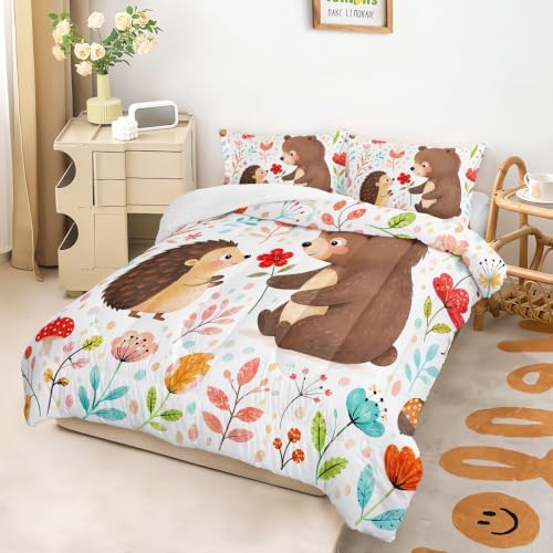 Cute Bear Hedgehog King Size Comforter Set with 2 Pillowcases.
