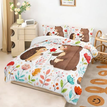 Cute Bear Hedgehog King Size Comforter Set with 2 Pillowcases.