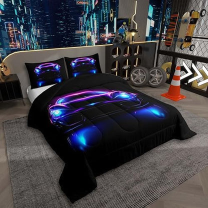 Erosebridal Neon Race Car Boy Twin Bedding Sets for Kids,Watercolor Cars Comforter Set for Child Room Decor,Retro Speed Racing Cars Comforter,Hot Pink Sports Racing Games Quilt,Purple Blue and Black