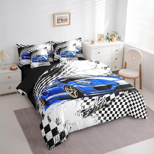 jejeloiu Blue Race Car Comforter Set with Sheets Queen Size for Kids Boys Girls Checkerboard Racing Flag 7 Pieces Bedding Set Cartoon Bed in a Bag Bedroom Decor Soft Lightweight Microfiber