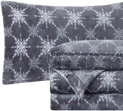 Elegant Comfort Luxuriously Soft 4-Piece Holiday Velvet Plush Flannel Sheet Set - Premium Quality - Cozy Warm, Christmas Fuzzy Velvet Flannel Fleece Deep Pocket Sheet Set - Full, Gray Snowflake